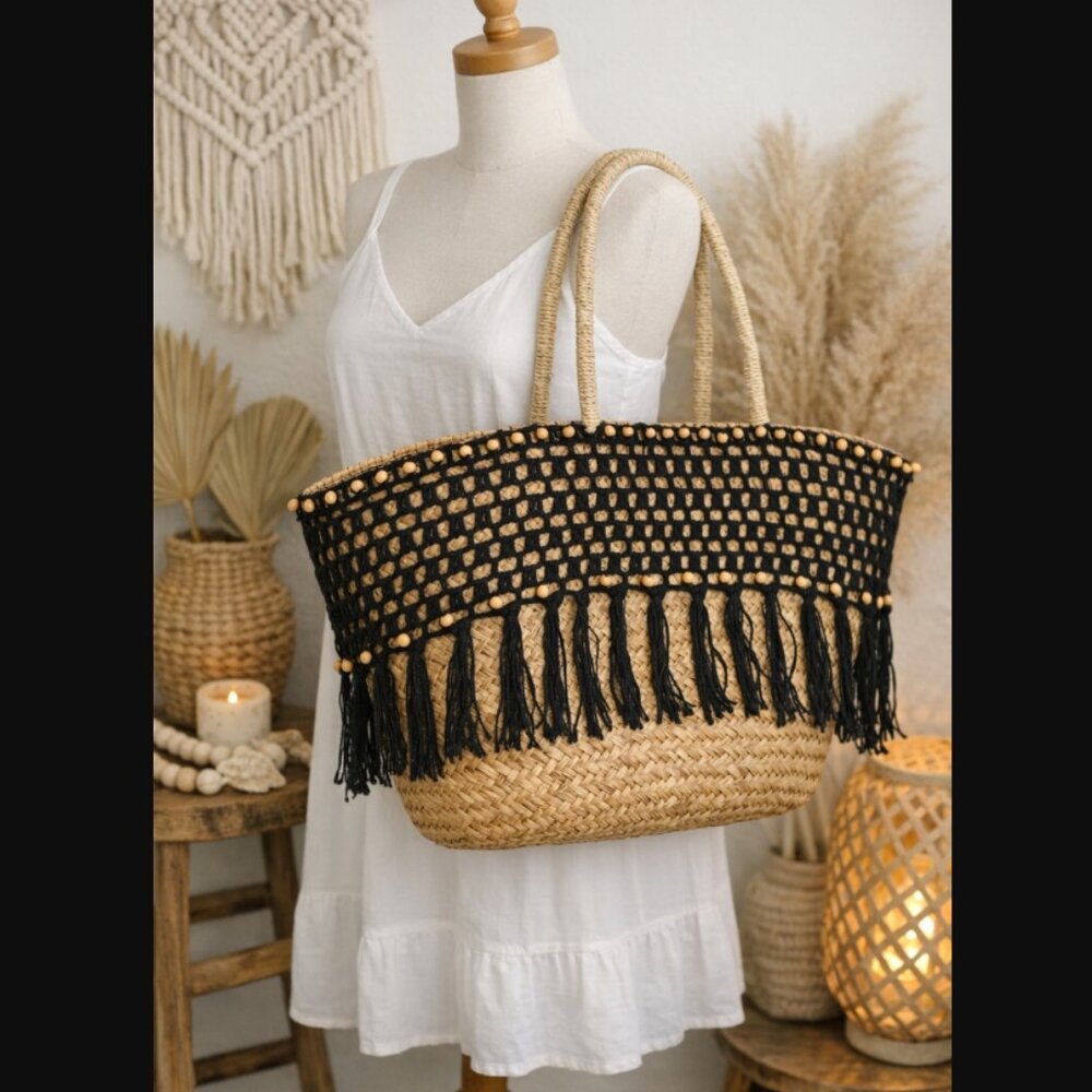Handmade Braided Straw Basket Tote Boho Crochet Beaded Trim Coast Cowgirl Island